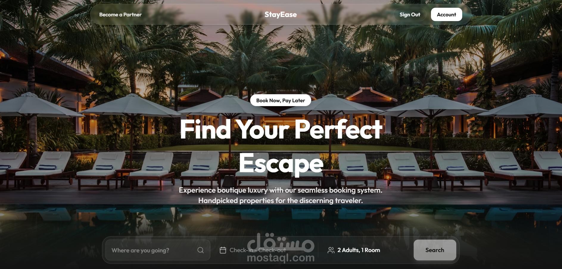 StayEase هي منصة حجز فنادق فاخرة ومتكاملة تم بناؤها باستخدام تقنيات الويب الحديثة. تجمع بين تصميم Liquid Glassmorphism الفاخر وBackend قوي لتقديم تجربة استثنائية لكل من المسافرين وشركاء الفنادق.