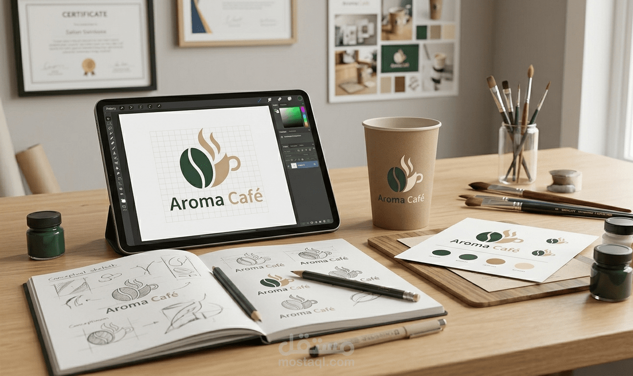 رحلة تصميم علامة تجارية للقهوة (Aroma Café)