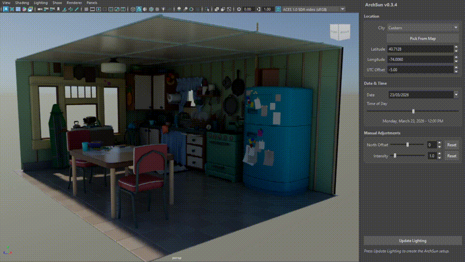 ArchSun — أداة لإعداد وتحديث إضاءة الشمس الواقعية في Maya