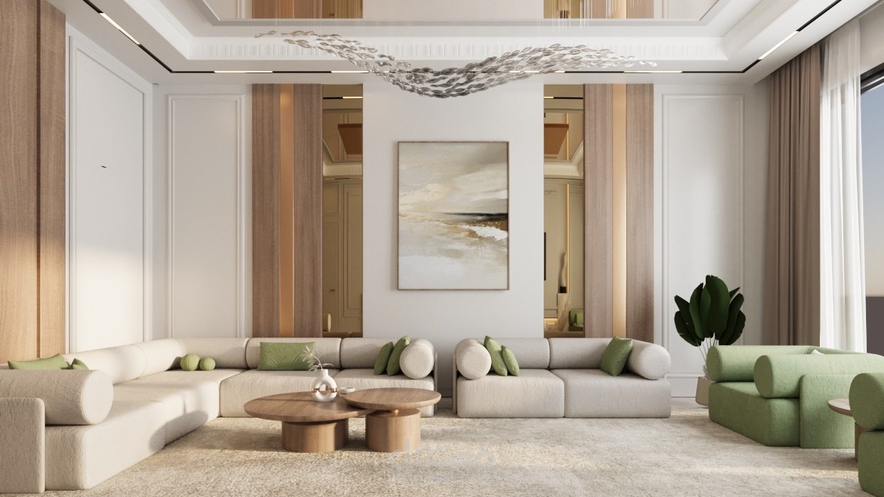تصميم داخلي لغرفة معيشة بنمط نيو كلاسيك