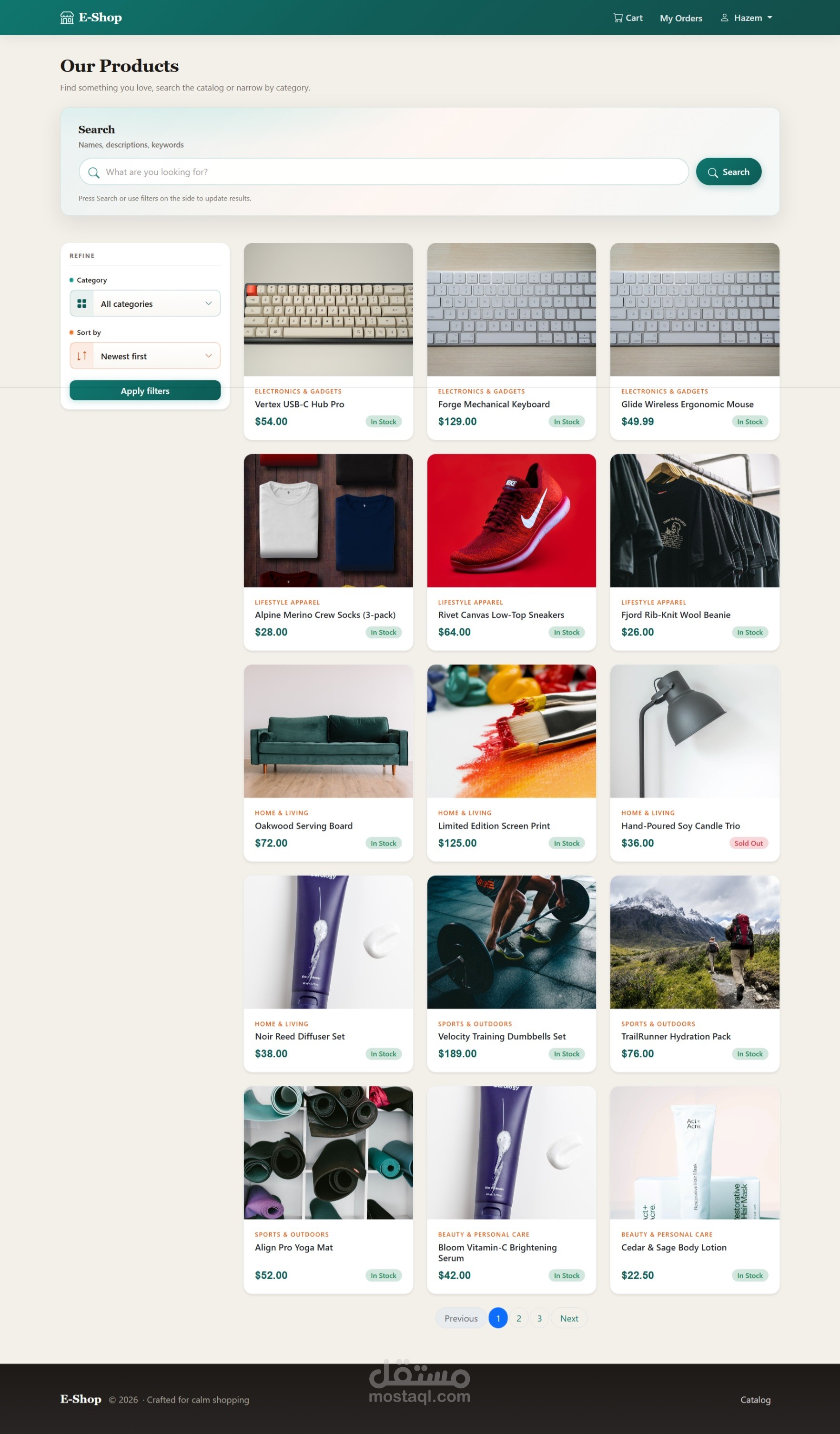 نظام تسوق أونلاين، كتالوج، سلة، طلبات، وإدارة منتجات وتصنيفات