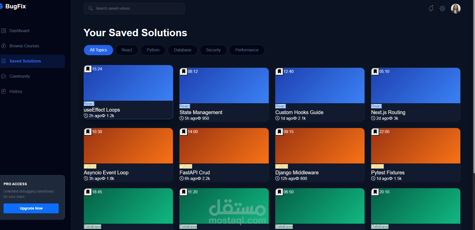 BugFix Dashboard – Saved Solutions Interface