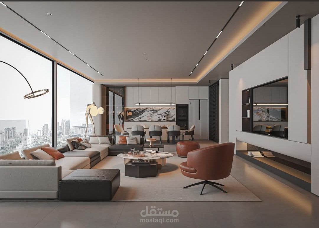 ديكور قاعة جلوس مع مطبخ