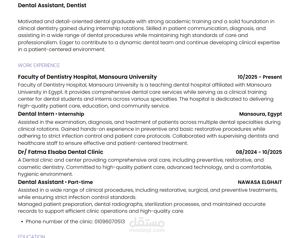 Professional CV for a dentist