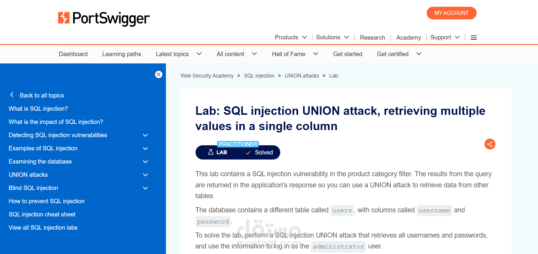 اختبار تحقق من أمان الموقع من حيث  UNION attack, retrieving multiple values in a single column