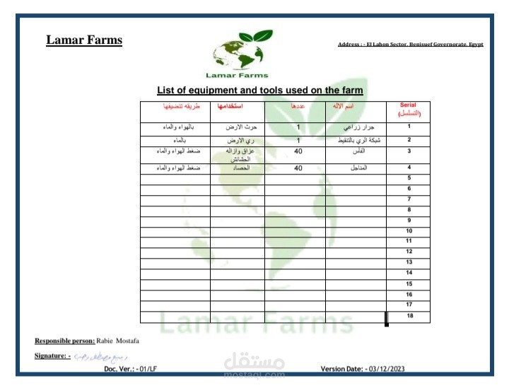 سجل لمعدات موجوده في مزرعة