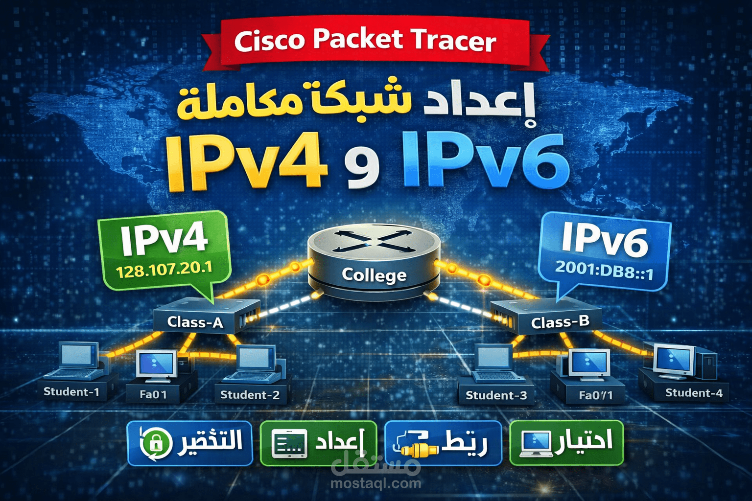 إعداد شبكة متكاملة IPv4 وIPv6 باستخدام Cisco Packet Tracer