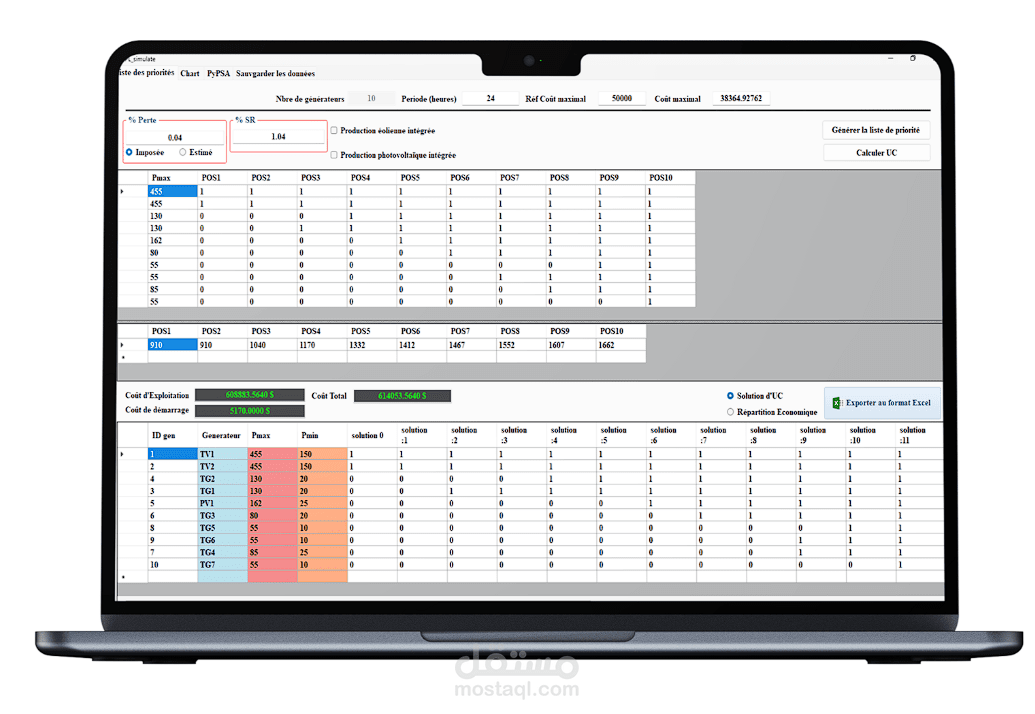 تطبيق سطح مكتب لمحاكاة إنتاج الطاقة (UC & PV Production System)