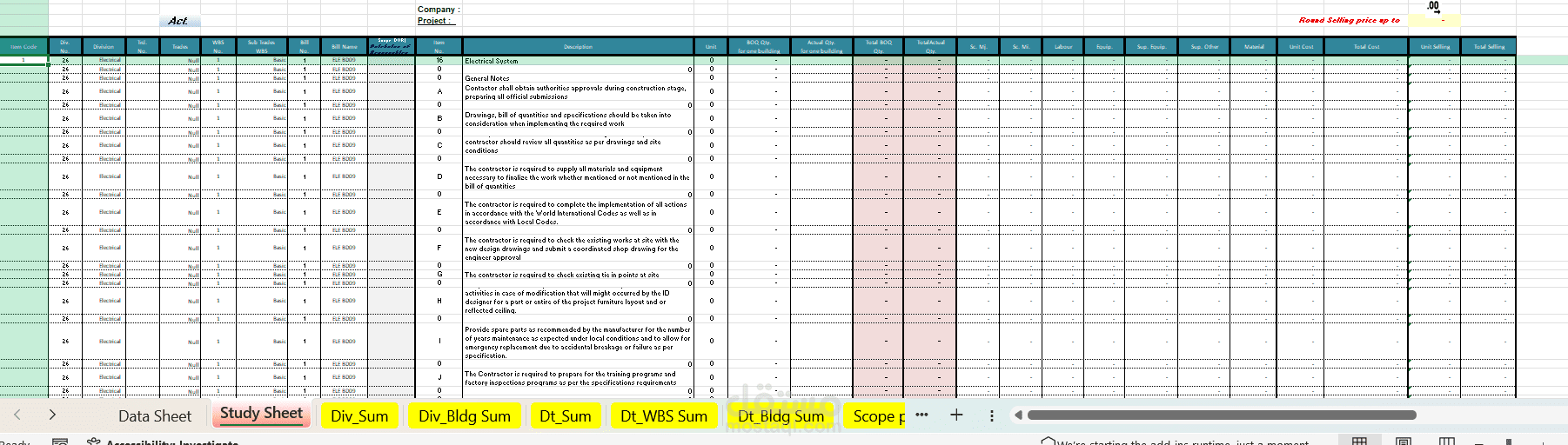 تنظيف ومعالجة بيانات BOQ لمشاريع الكهرباء وتجهيزها للتحليل