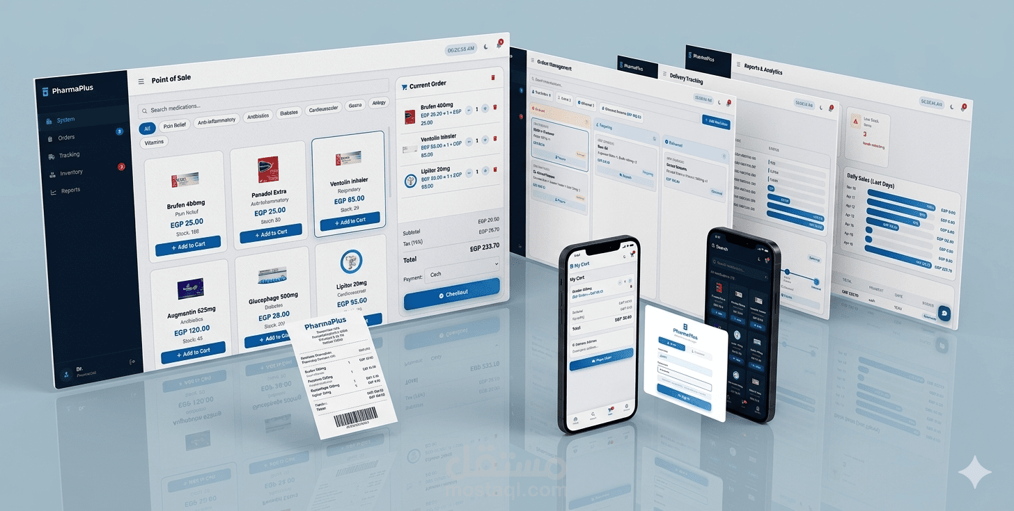 نظام إدارة صيدلية متكامل مع نقطة بيع (POS) وإدارة المخزون والطلبات والتقارير