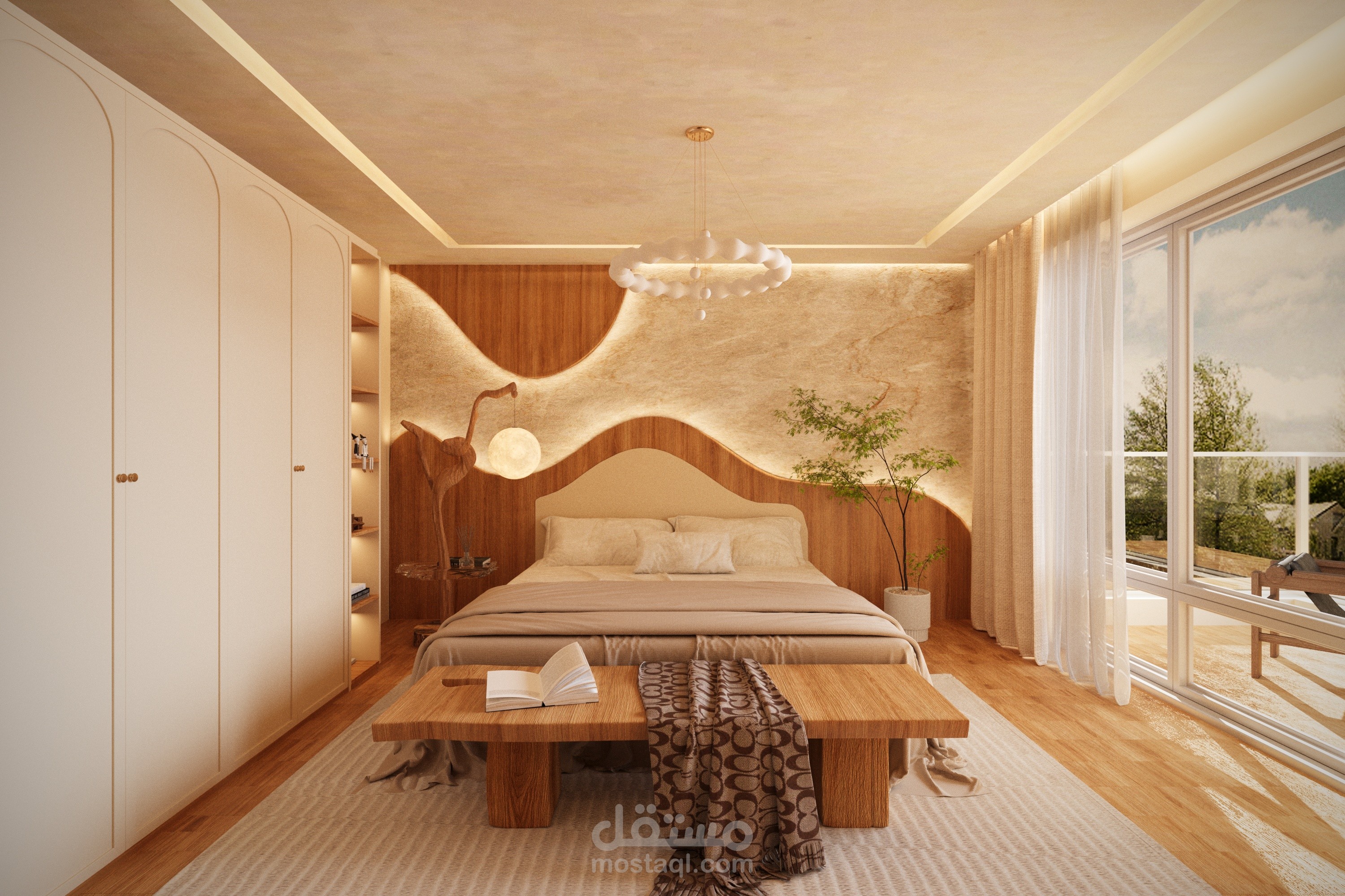تصميم داخلي مودرن لغرفة نوم رئيسية بلمسات خشبية وإضاءة مخفية - 3ds Max