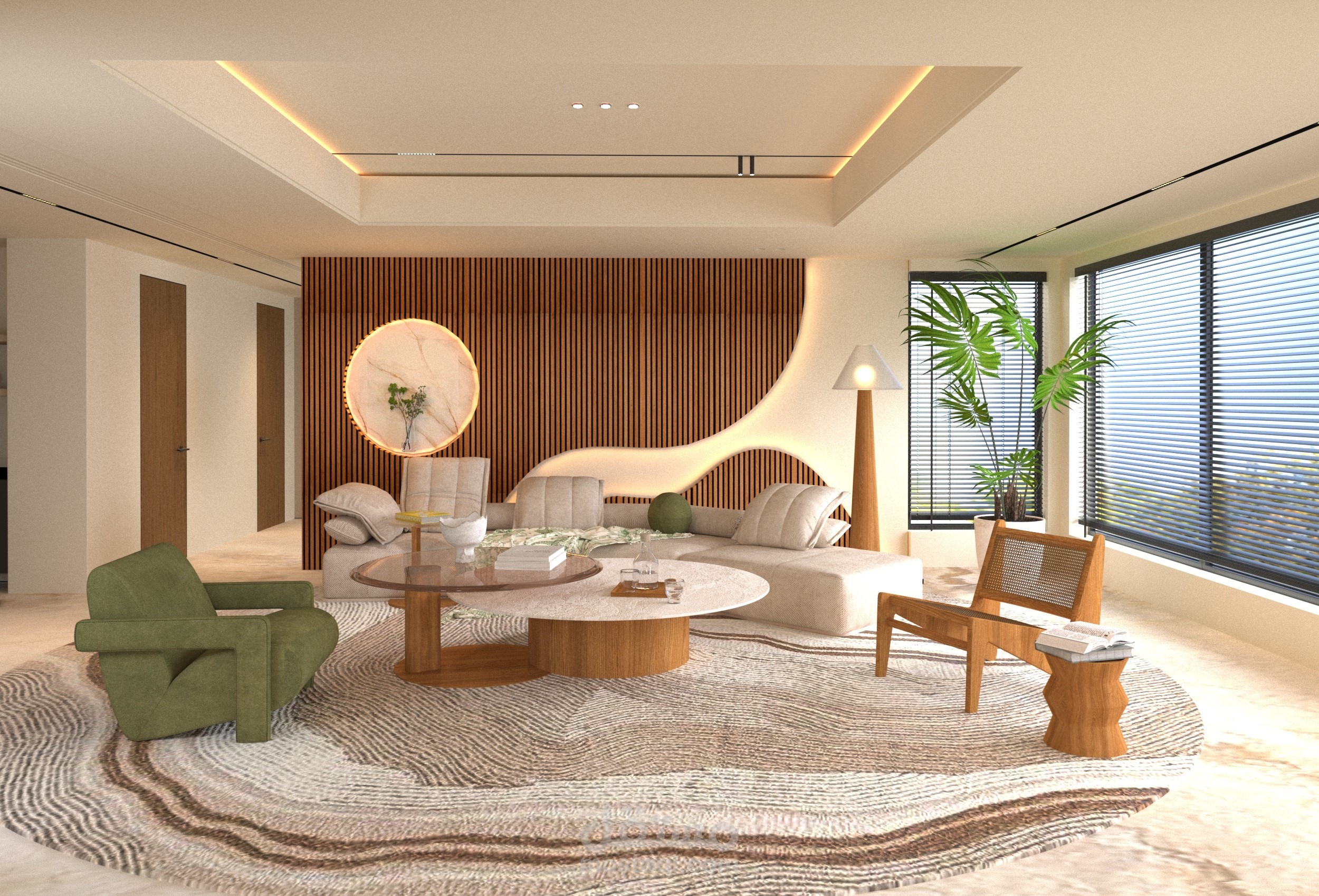 تصميم صالة معيشة مودرن بتفاصيل خشبية منحنية وإضاءة ليد بروفايل - 3ds Max