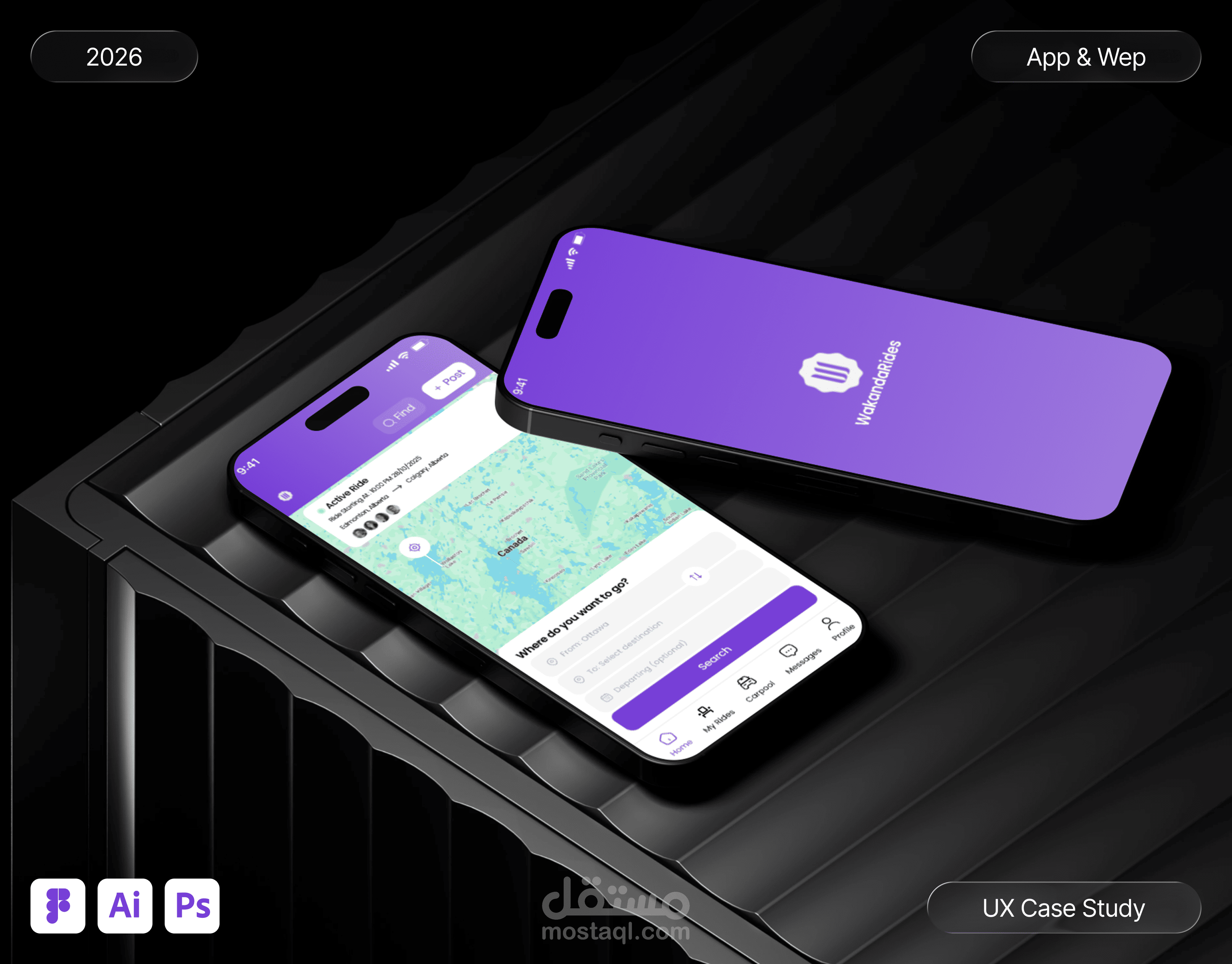 تصميم تطبيق وموقع "Wakanda Rides" التشاركي (Carpooling) | UI/UX