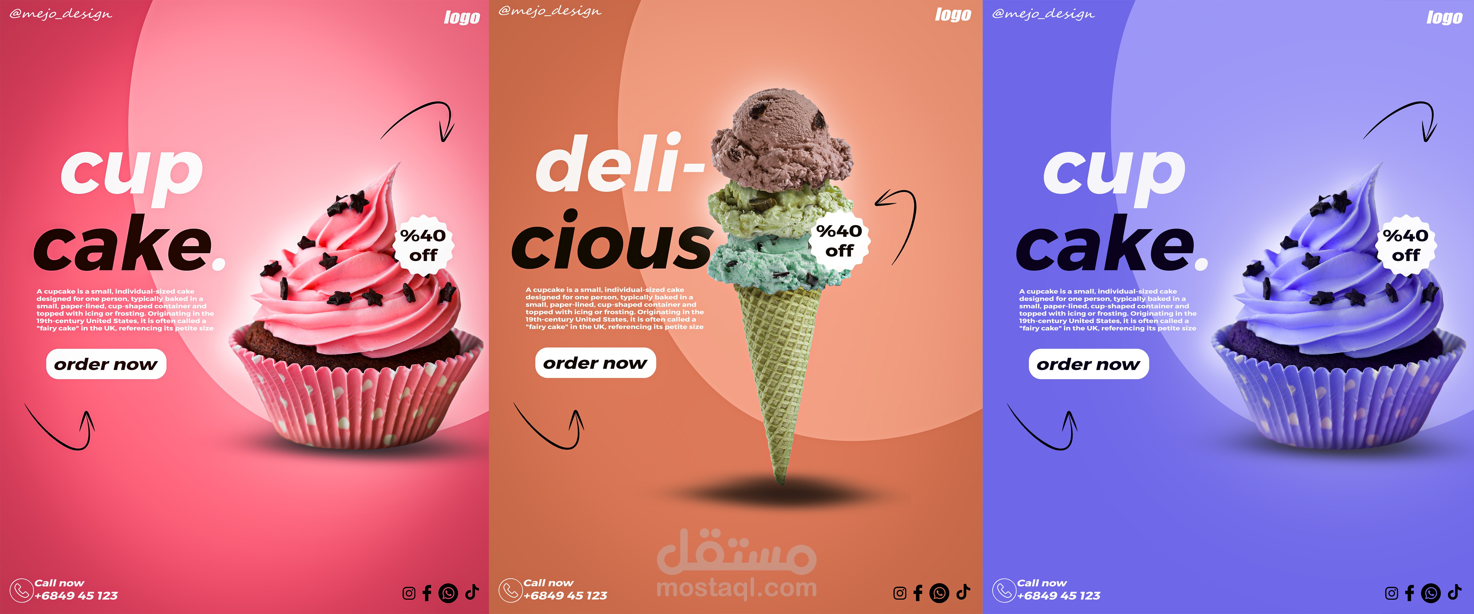 سلسلة إعلانات سوشيال ميديا جذابة لمحل حلويات وآيس كريم