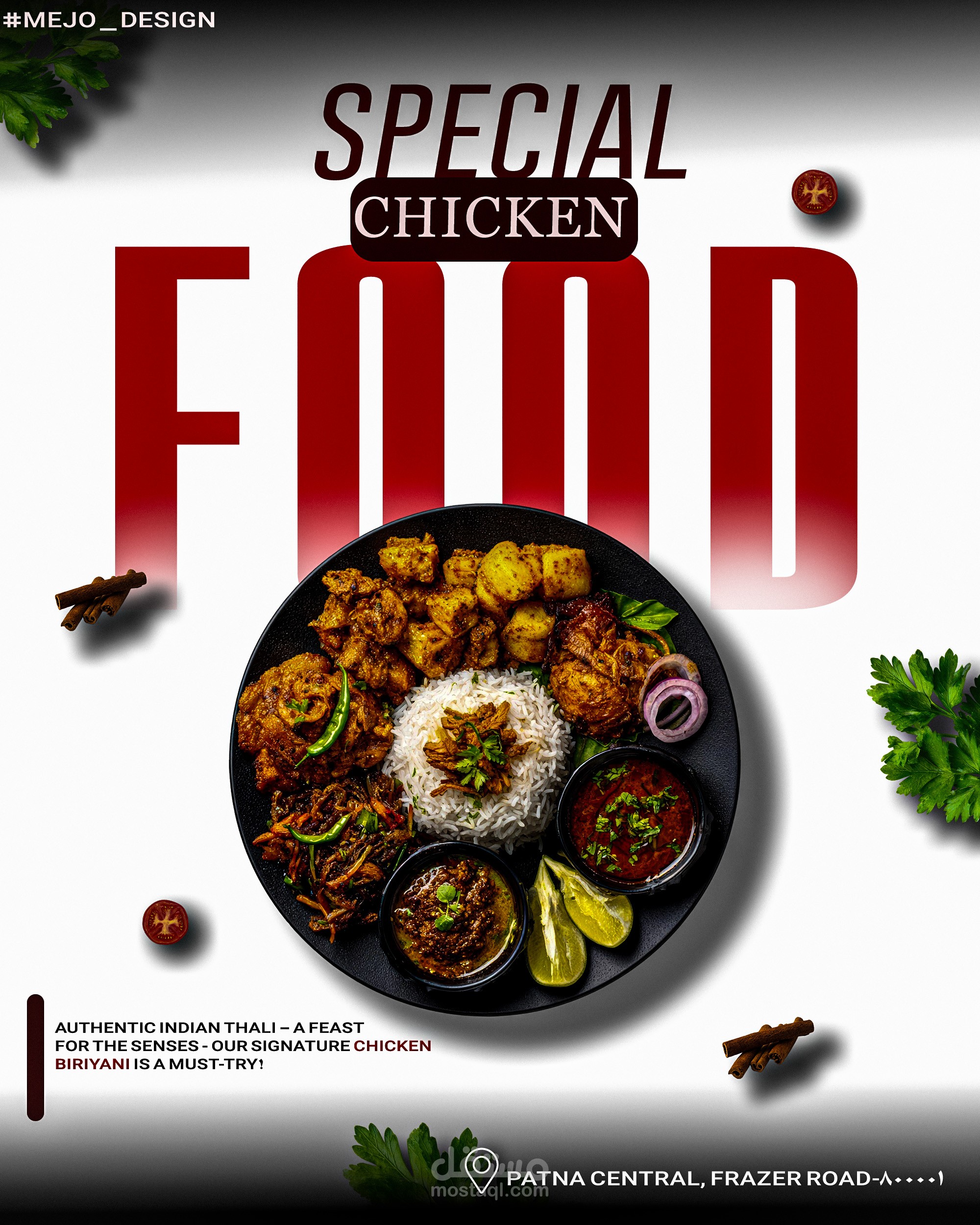 تصميم بوستر إعلاني للسوشيال ميديا لمطعم مأكولات شرقية (Chicken Thali)