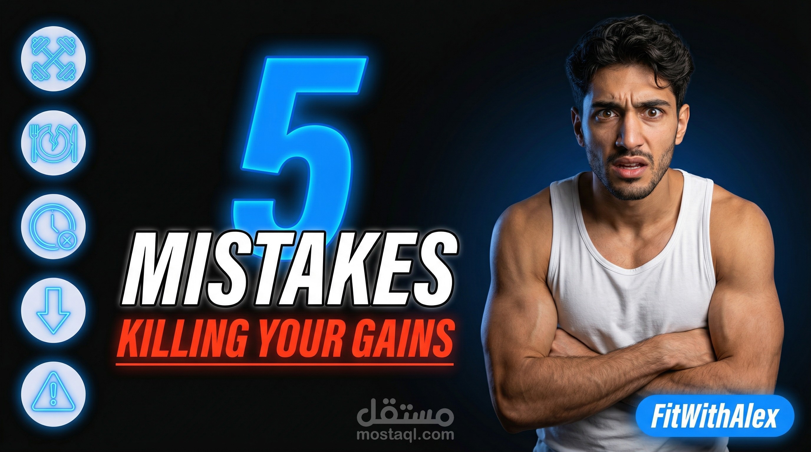 تصميم 5 صور مصغرة احترافية لقناة يوتيوب فيتنس بهوية بصرية كاملة