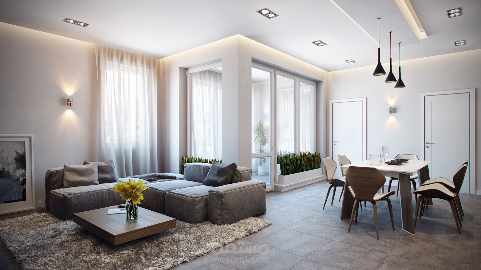 تصميم داخلي وإظهار معماري واقعي لغرفة معيشة (Modern Living Room)