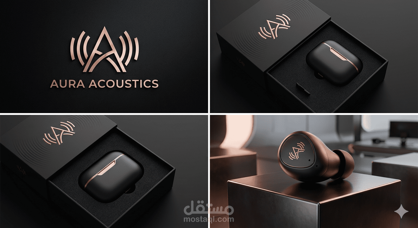Aura Acoustics - بناء الهوية البصرية المتكاملة وتصور المنتج 3D لبراند صوتيات ذكي