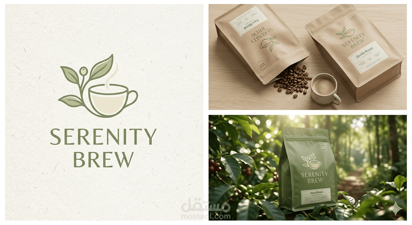 Serenity Brew - بناء الهوية البصرية وتصميم تغليف القهوة المستدام (Specialty Coffee Branding).