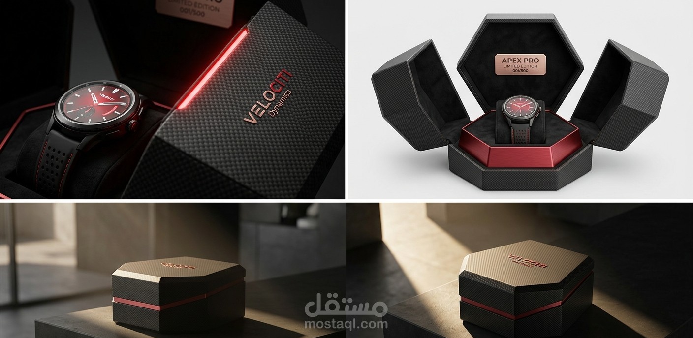 VELOCITI Dynamics - تصور ثلاثي الأبعاد (3D Rendering) لعلبة إصدار محدود لساعة رياضية ذكية.