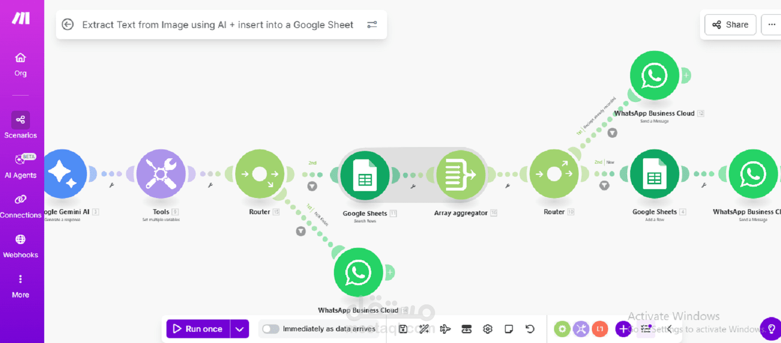 ماسح الإيصالات وتتبع المصروفات عبر واتساب باستخدام الذكاء الاصطناعي (Make.com)