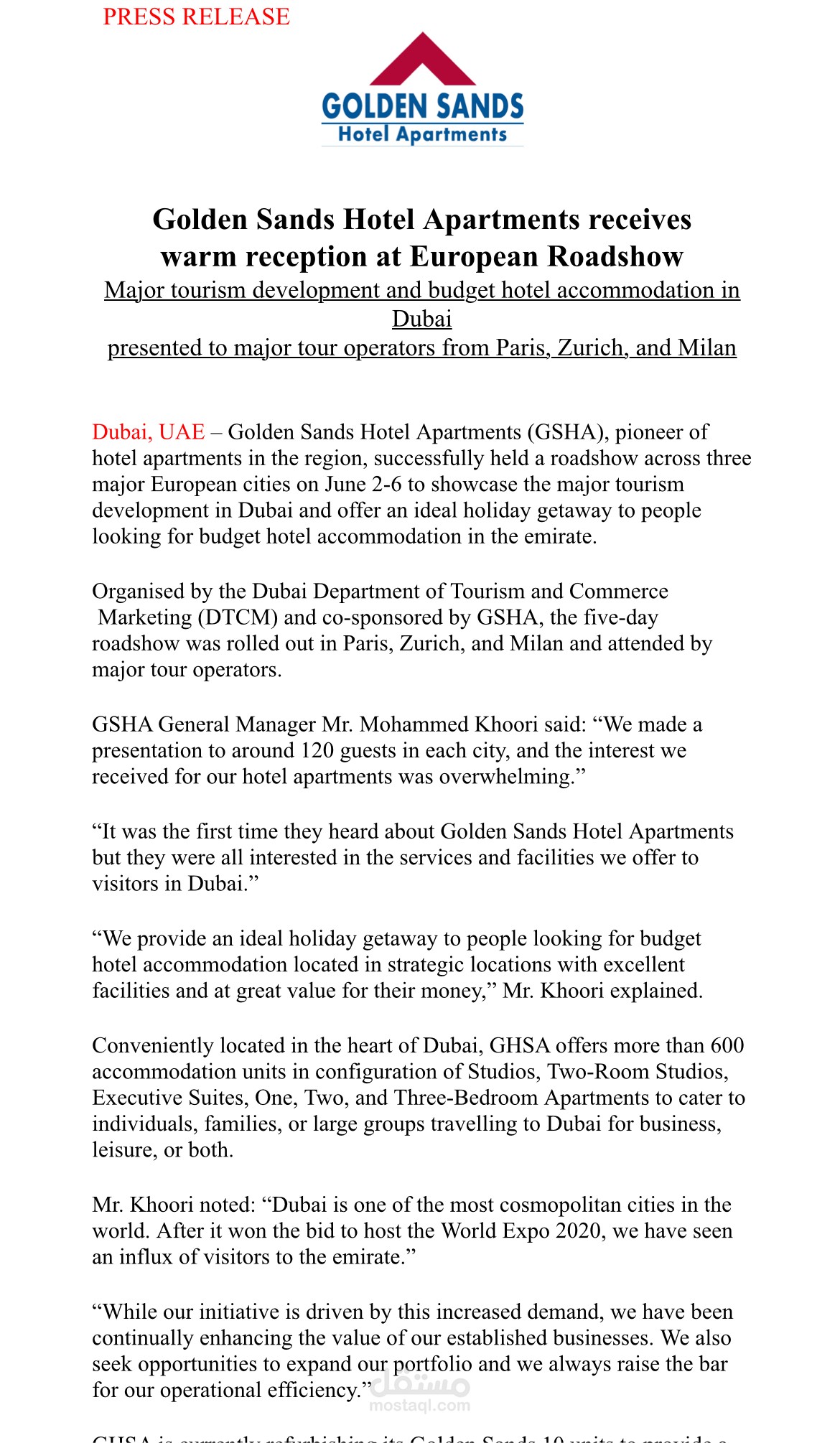 Golden Sands Hotel Apartments receives warm reception at European Roadshow