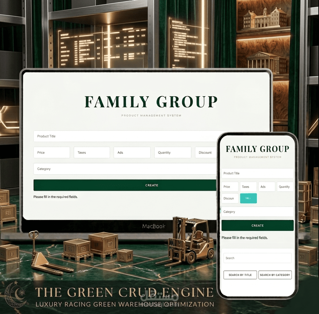 نظام Family Group CRUDs:  دمج الكفاءة الإدارية CRUD بلمسة فخامة الـ Racing Green لإدارة المخزون الذكي.