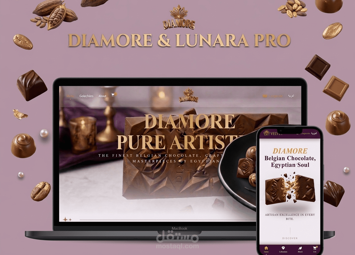 Diamora | تجربة بصريّة تفاعليّة بتقنية 3D و GSAP لبراند شوكولاتة ,تصميم Landing Page فاخرة بـ TypeScript تدمج بين الفن والبرمجة