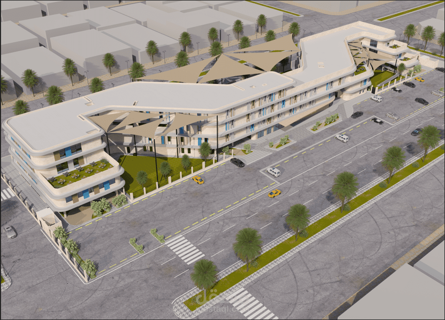 اخراج احترافي 3D لواجهات مبنى مدرسة ولاند سكيب موقعها في السعودية