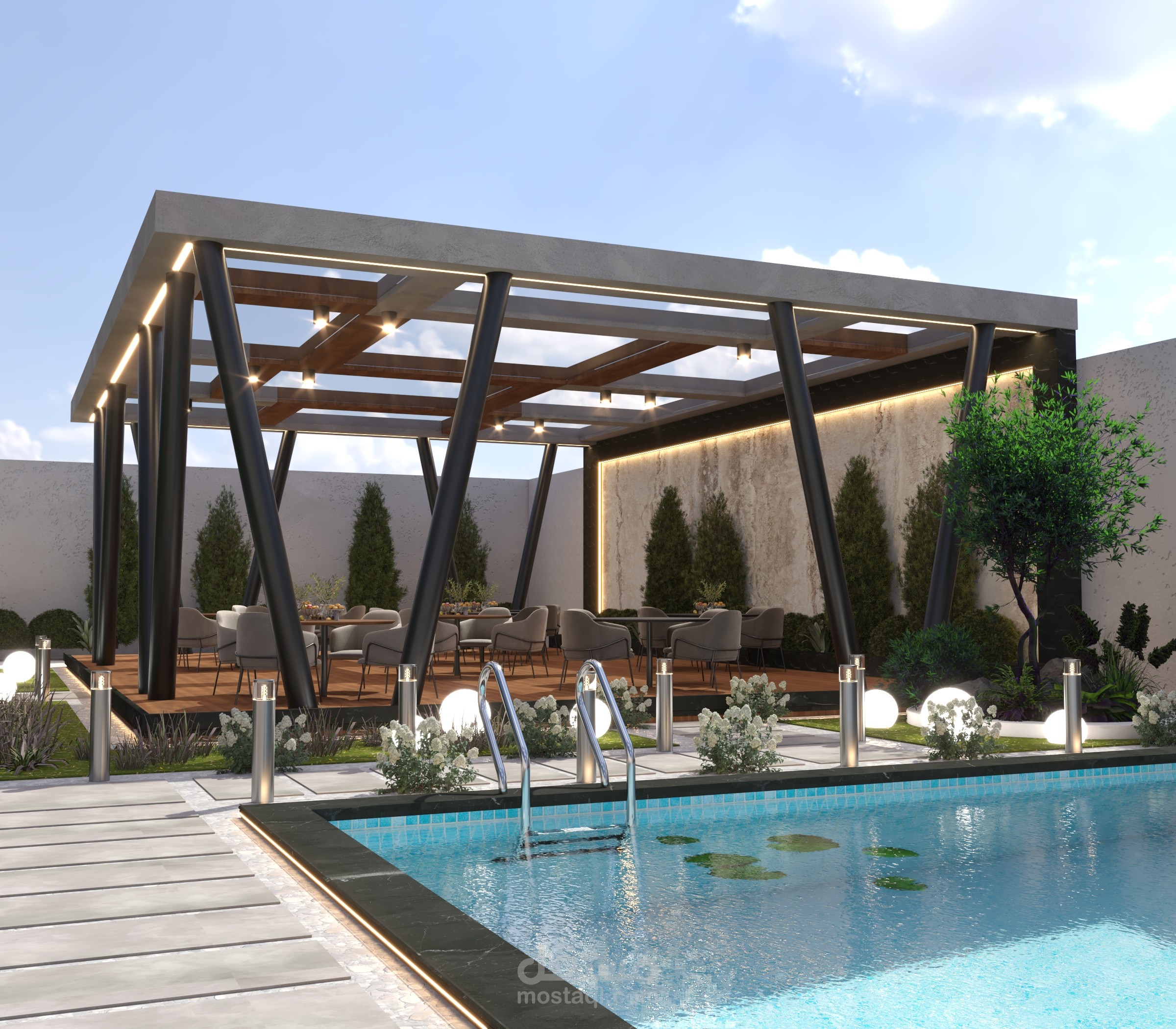 تصميم منطقة مسبح وجلسة خارجية (Pergola) بتفاصيل هندسية معاصرة موقعها في السعودية