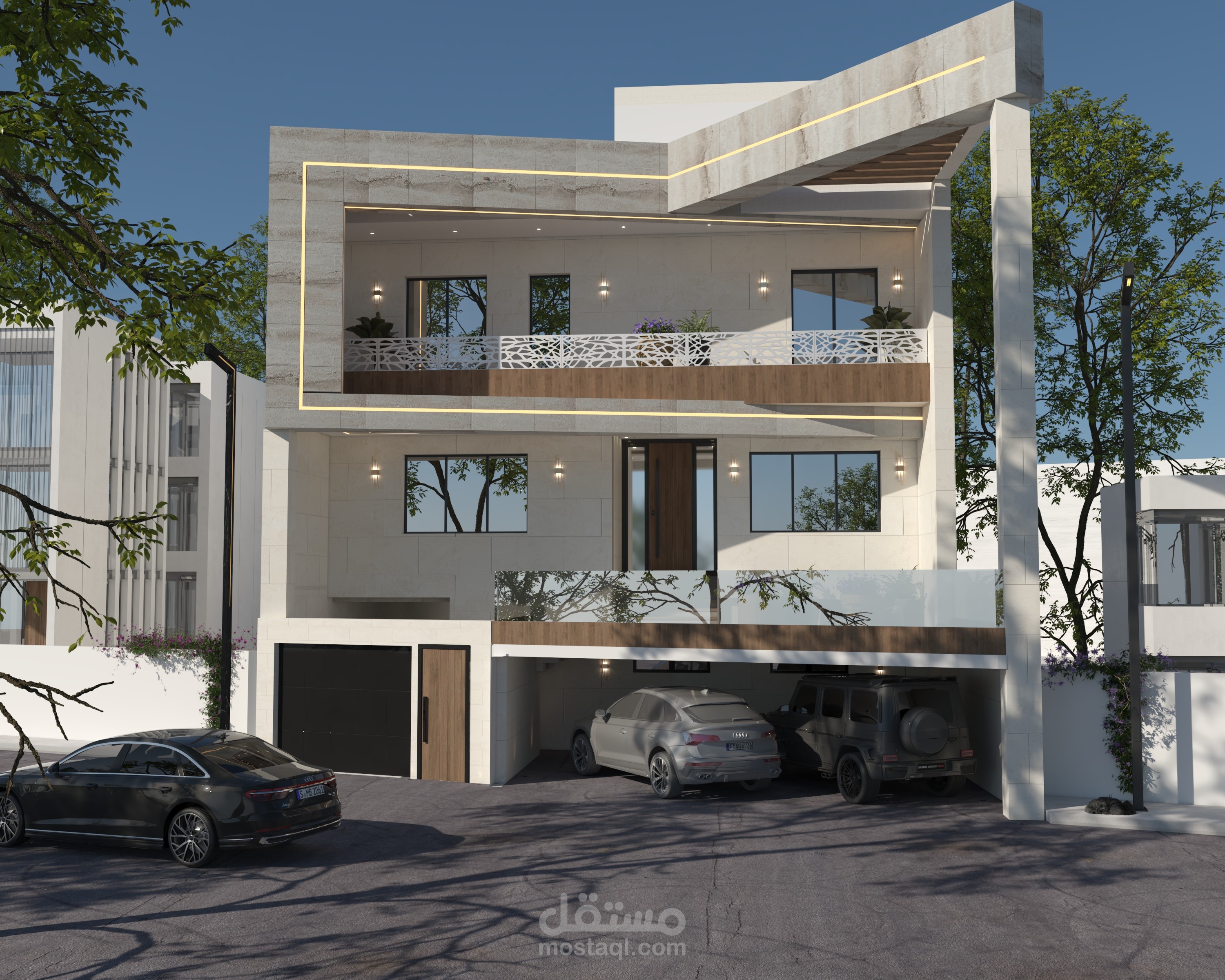 تصميم واجهة فيلا سكنية "مودرن" بلمسات معمارية جريئة وإضاءة خطية موقعها في سوريا