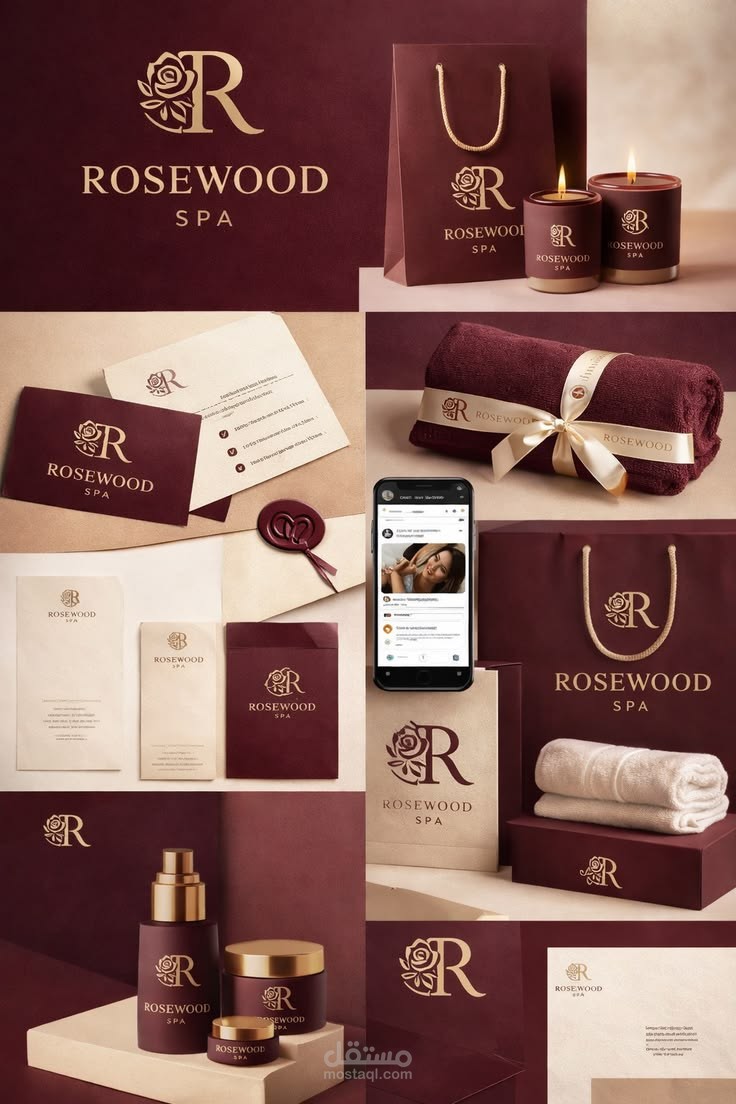 بناء الهوية البصرية الشاملة لعلامة "Rosewood" الفاخرة.