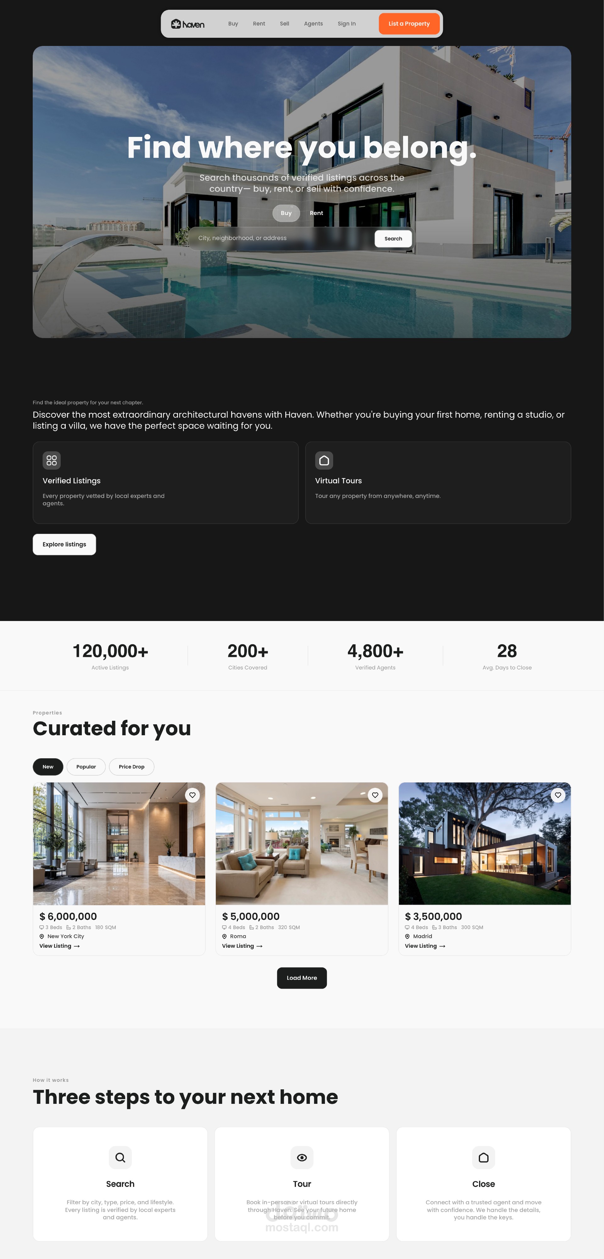 Haven — 8-Page Real Estate Marketplace Website, Mobile responsive