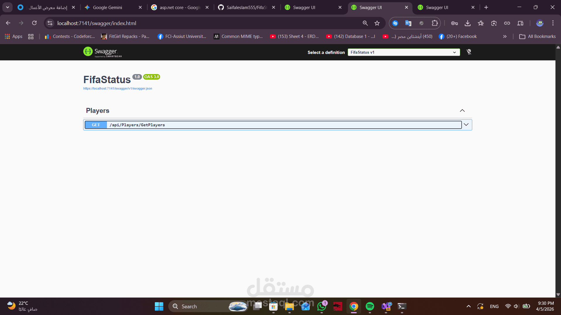 بناء RESTful API (FifaStatus) لاستعلام وإدارة إحصائيات لاعبي كرة القدم