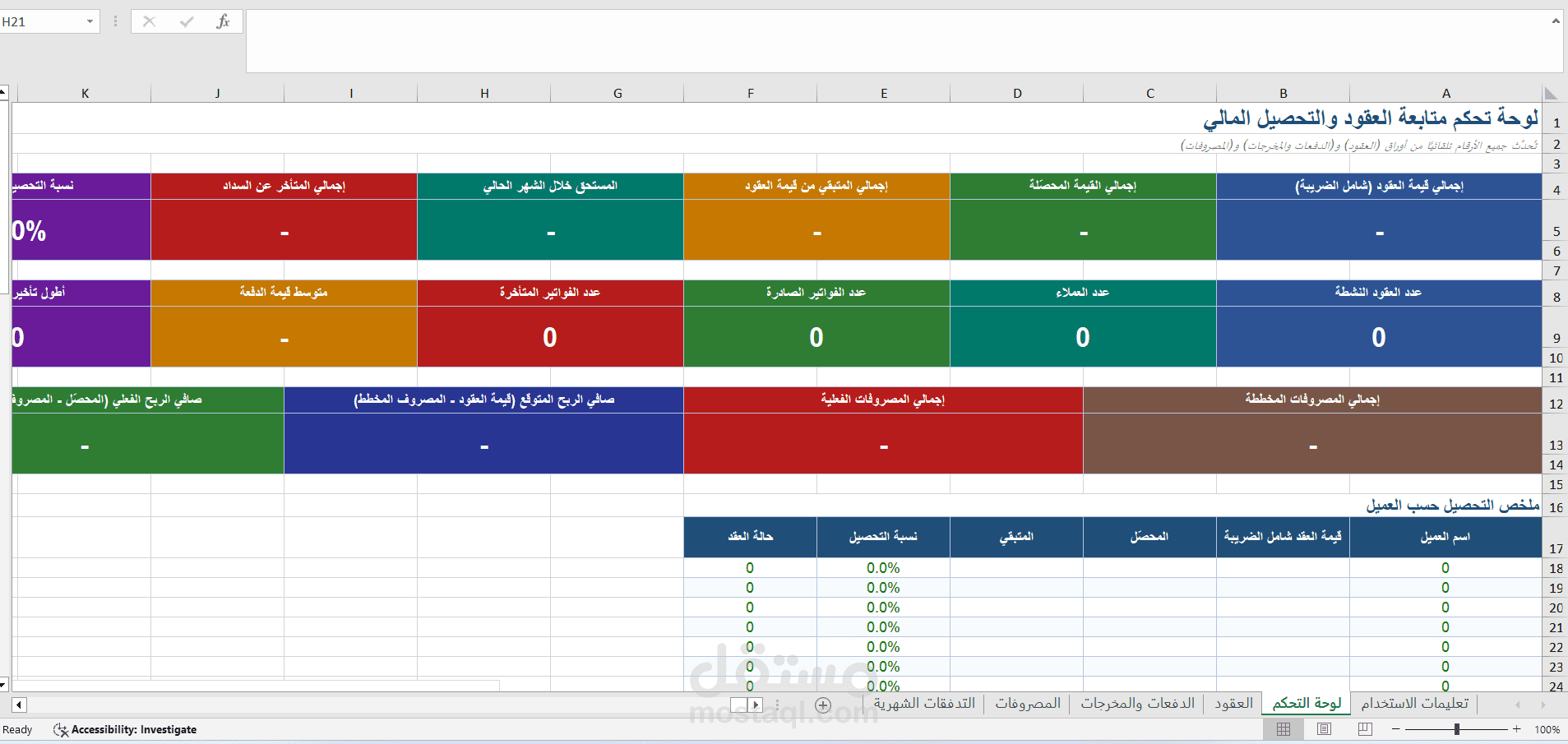 نظام متابعة العقود والفواتير والتدفقات النقدية Excel
