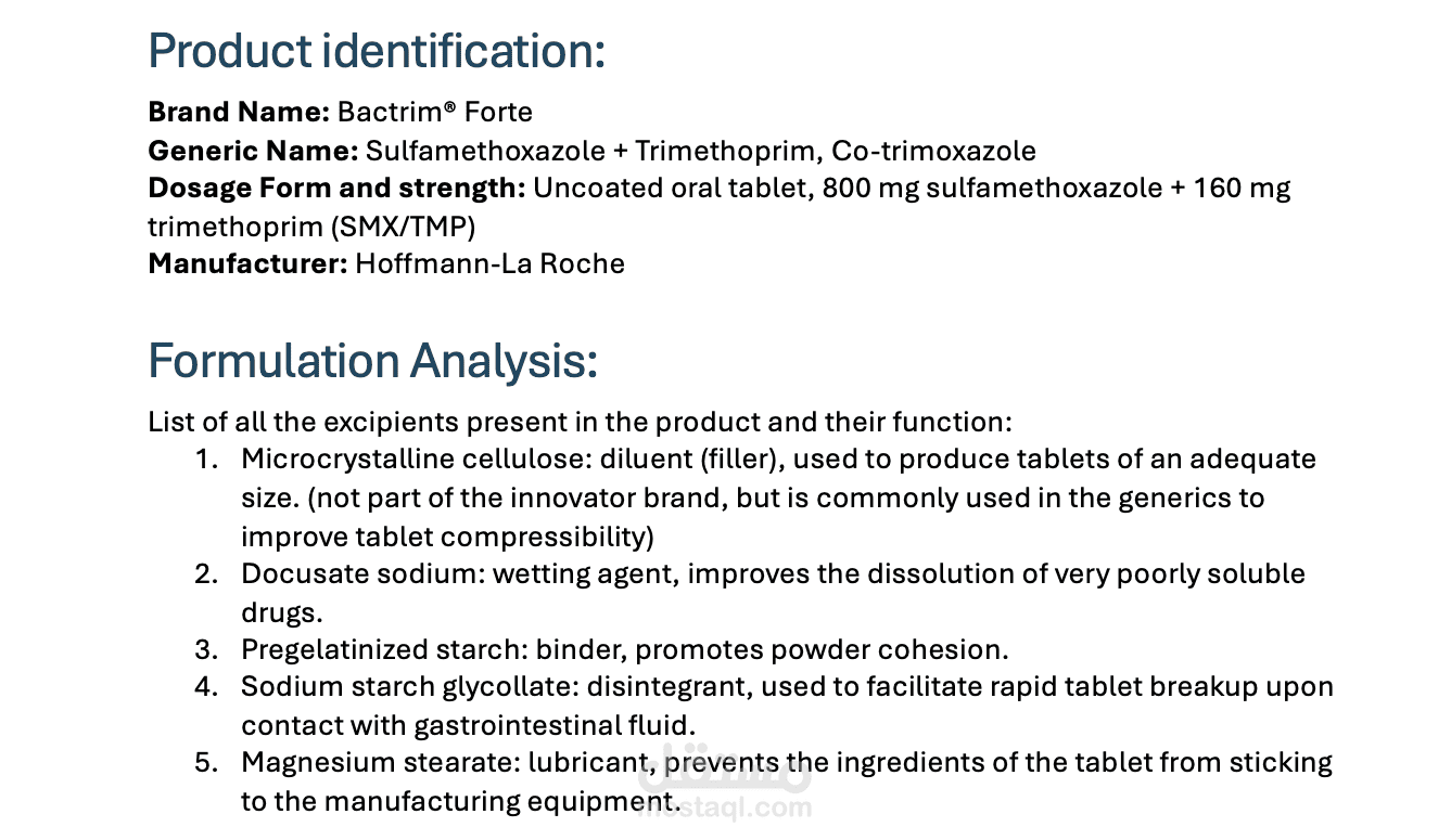 تحليل وتركيب دوائي احترافي لدواء Bactrim Forte باللغة الإنجليزية (Sulfamethoxazole + Trimethoprim)