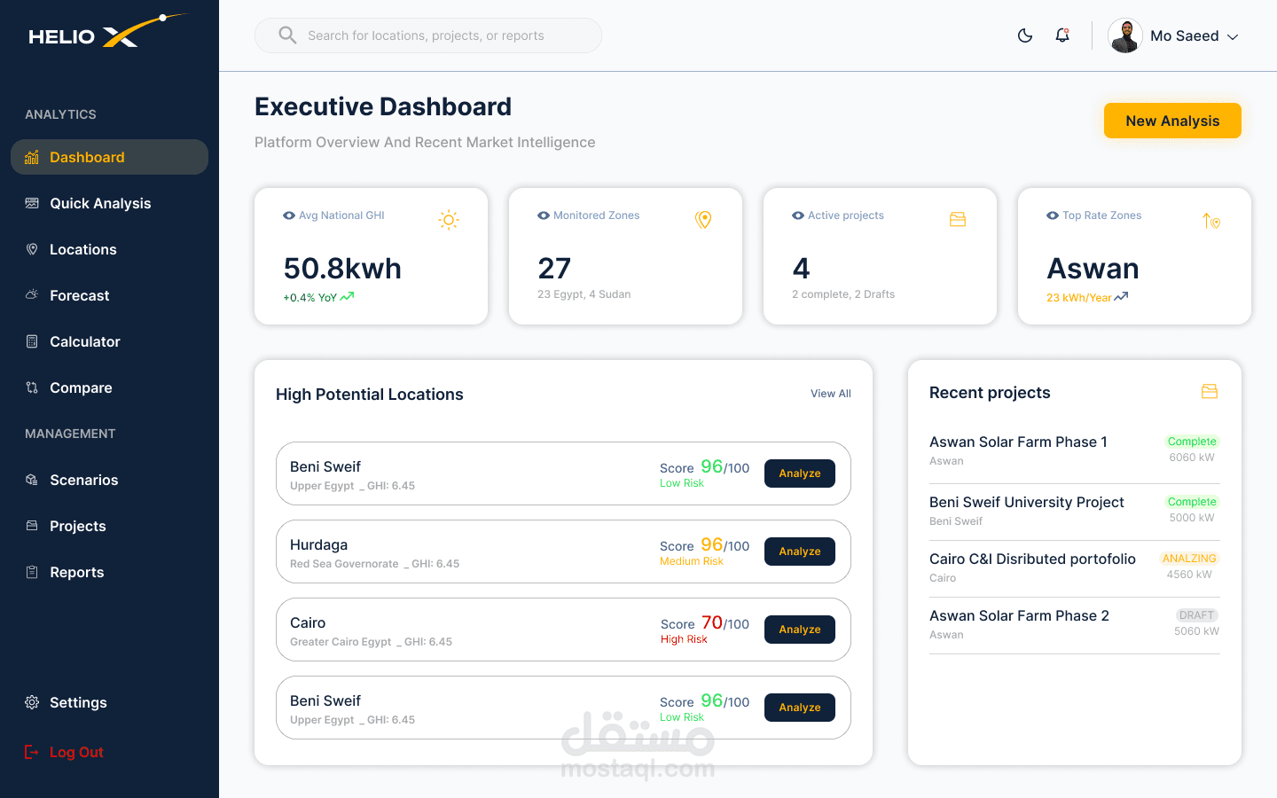 تطبيق Helio X: واجهة تحليلية وتوقع استثمارات الطاقة الشمسية (UI/UX - تحت التطوير)