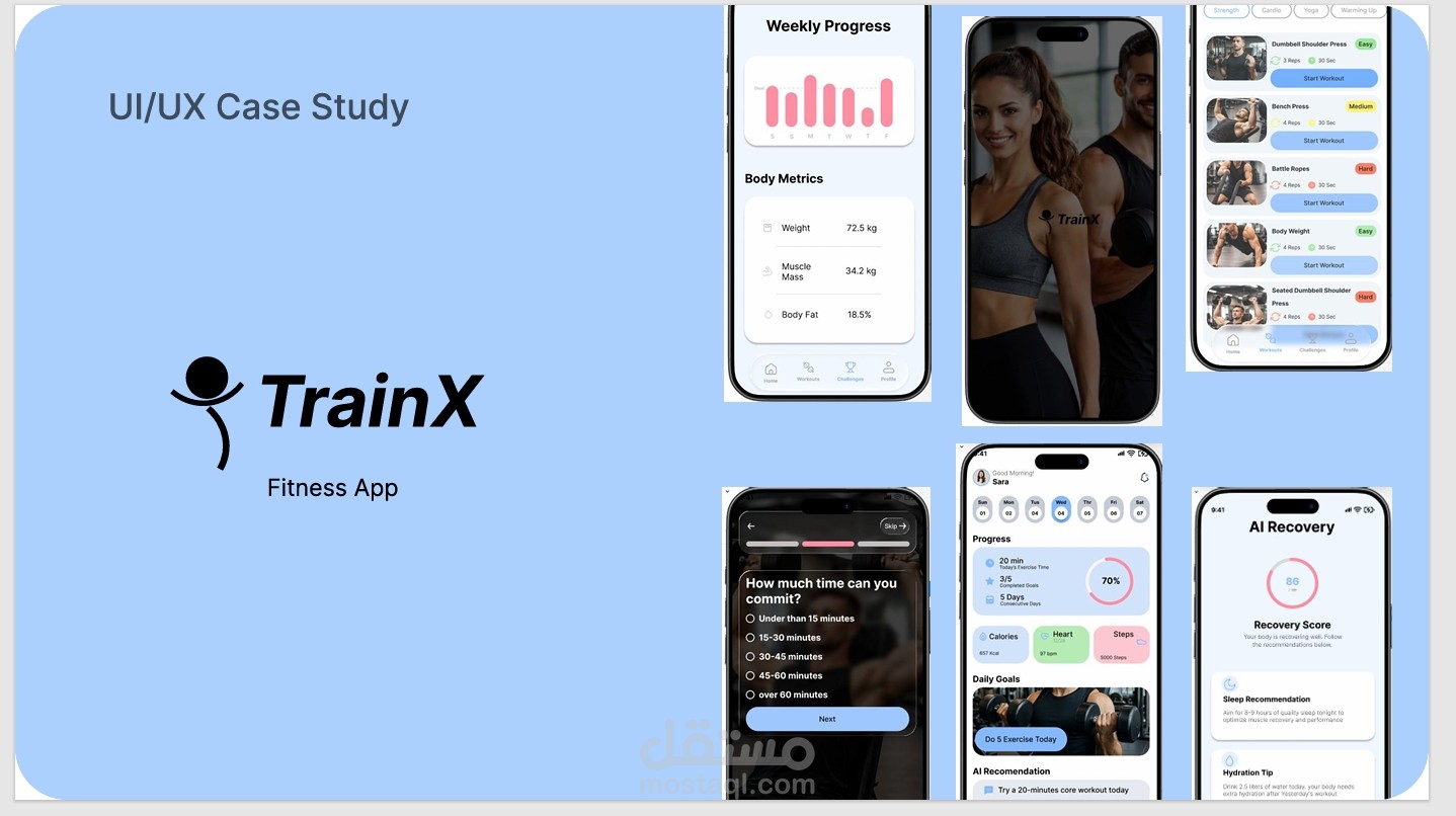 تصميم واجهة وتجربة مستخدم (UI/UX) لتطبيق لياقة بدنية - TrainX