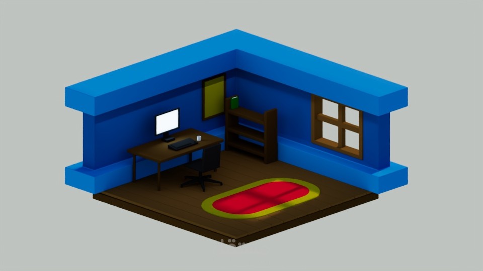 تصميم غرفة مكتب ثلاثية الأبعاد بأسلوب الأيزومترك (Isometric Room)