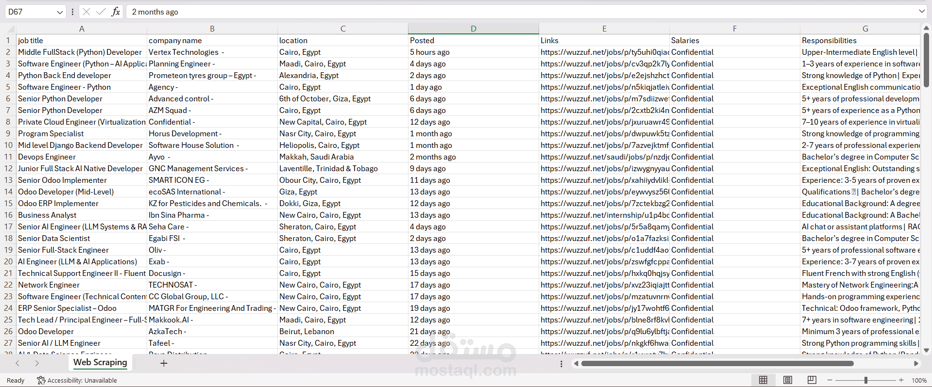 استخراج بيانات الوظائف التي لها علاقه بلغة بايثون من موقع Wuzzuf.