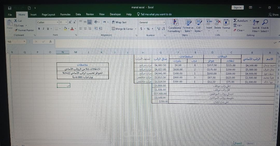 نموذج لحساب الرواتب والبدلات والاستقطاعات مع ملخص إحصائي