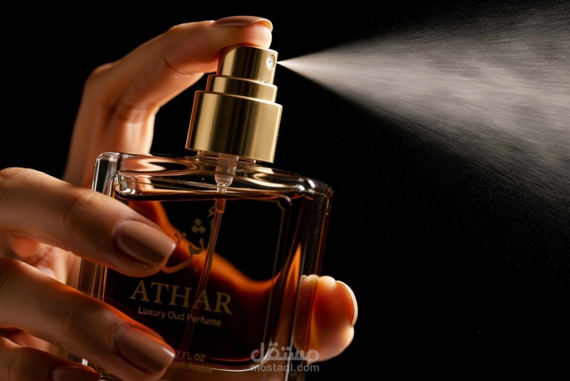 إعلان بصري مبتكر بالذكاء الاصطناعي بأسلوب إعلاني حديث وجذاب لعلامة عطور تجارية