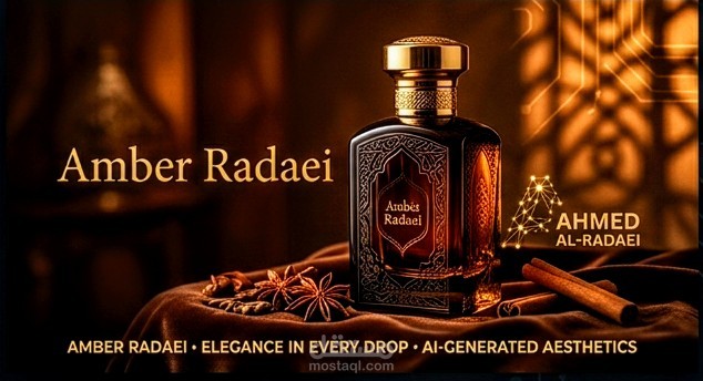 تصميم بوستر عطر فاخر (Amber Radaei) بلمسة سينمائية وجذابة.