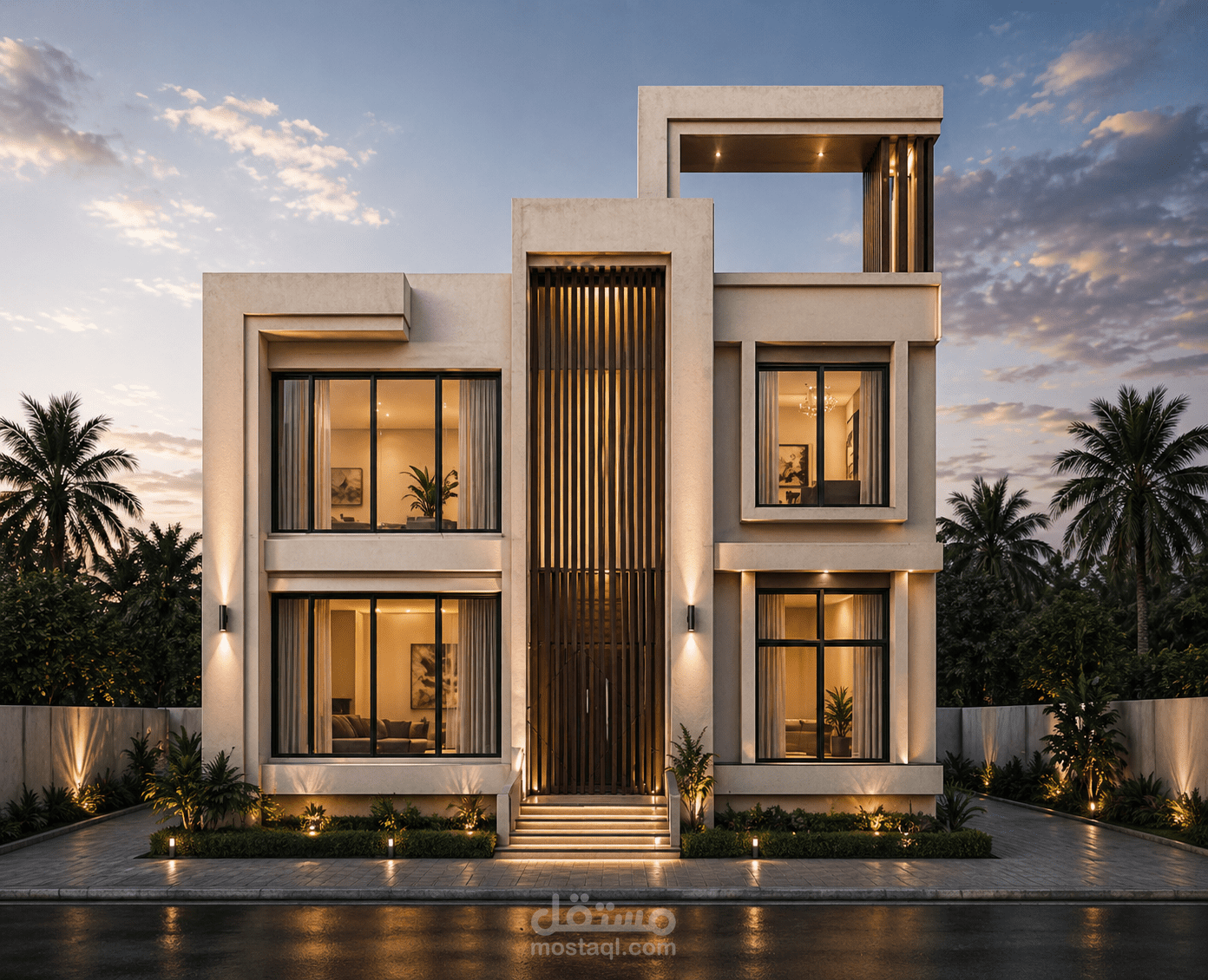 تصميم فيلا سكنية حديثة 3D مع مخططات كاملة قبل وبعد.