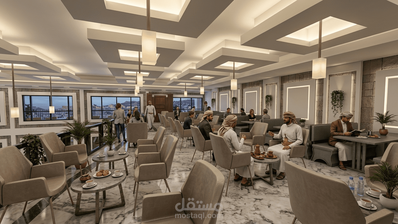 تصميم داخلي كافيه عصري مع رندر واقعي عالي الجودة