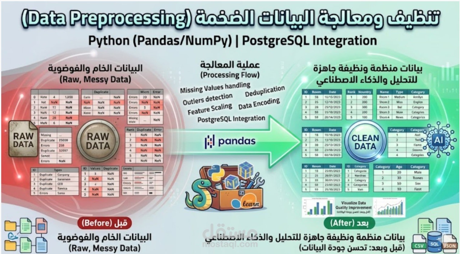 تجهيز وهندسة البيانات (Data Preprocessing & Feature Engineering) لبناء نموذج ذكاء اصطناعي.