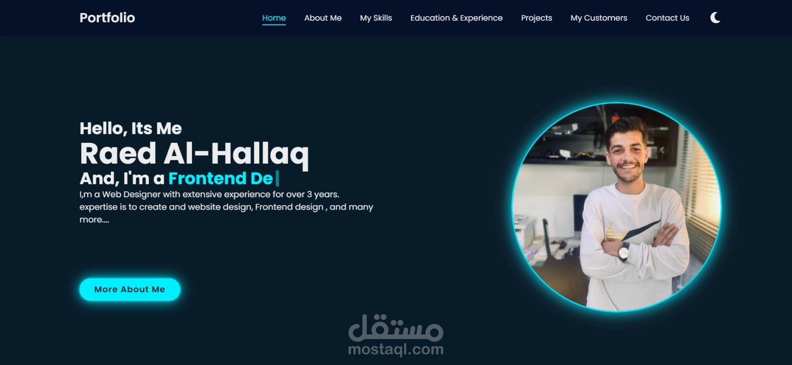 معرض أعمال احترافي متفاعل (Portfolio) مع دعم الوضع الليلي - Pure JS