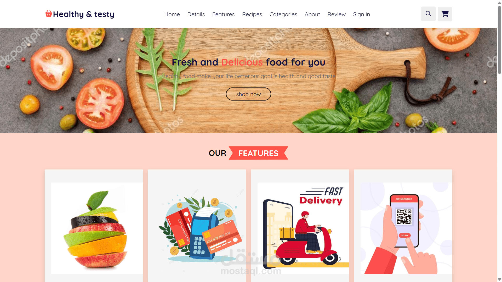 تطوير الواجهة الأمامية لموقع Healthy & Testy - مطعم وجبات صحية