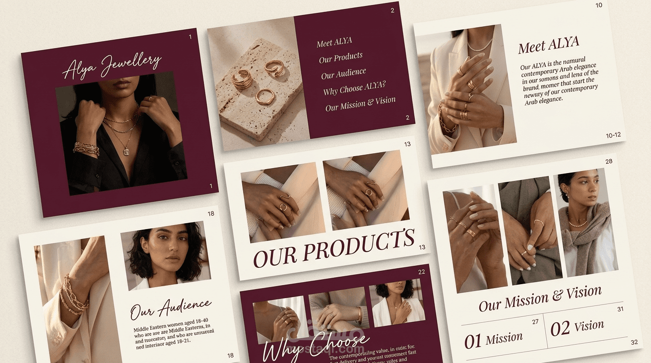 هوية بصرية وتصميم عرض تقديمي | ALYA Jewellery — براند مجوهرات مصري فاخر