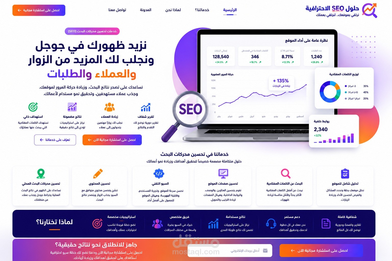 تصميم واجهة موقع احترافية لخدمات تحسين محركات البحث (SEO) مع تجربة مستخدم عصرية